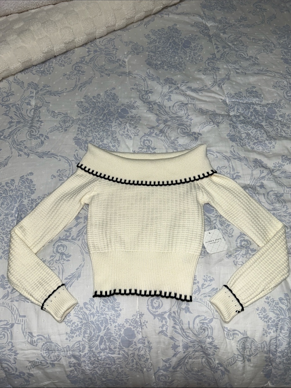 NWT Altar’d State Off-Shoulder Knit Sweater with Navy Blue Trim